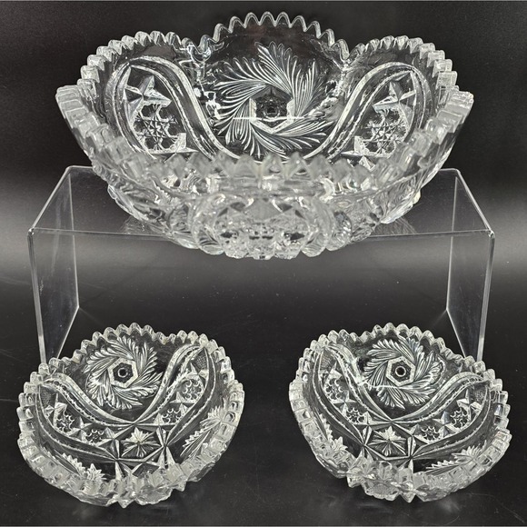 Set of 3 Antique McKee Glass Pres Cut Crystal Bowls WILTEC Pattern 1913 8.5" - Picture 2 of 8